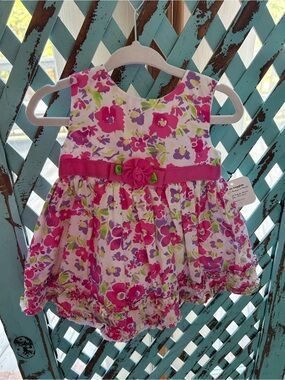 Girls Floral Pink Sleeveless Dress with Rose Accent